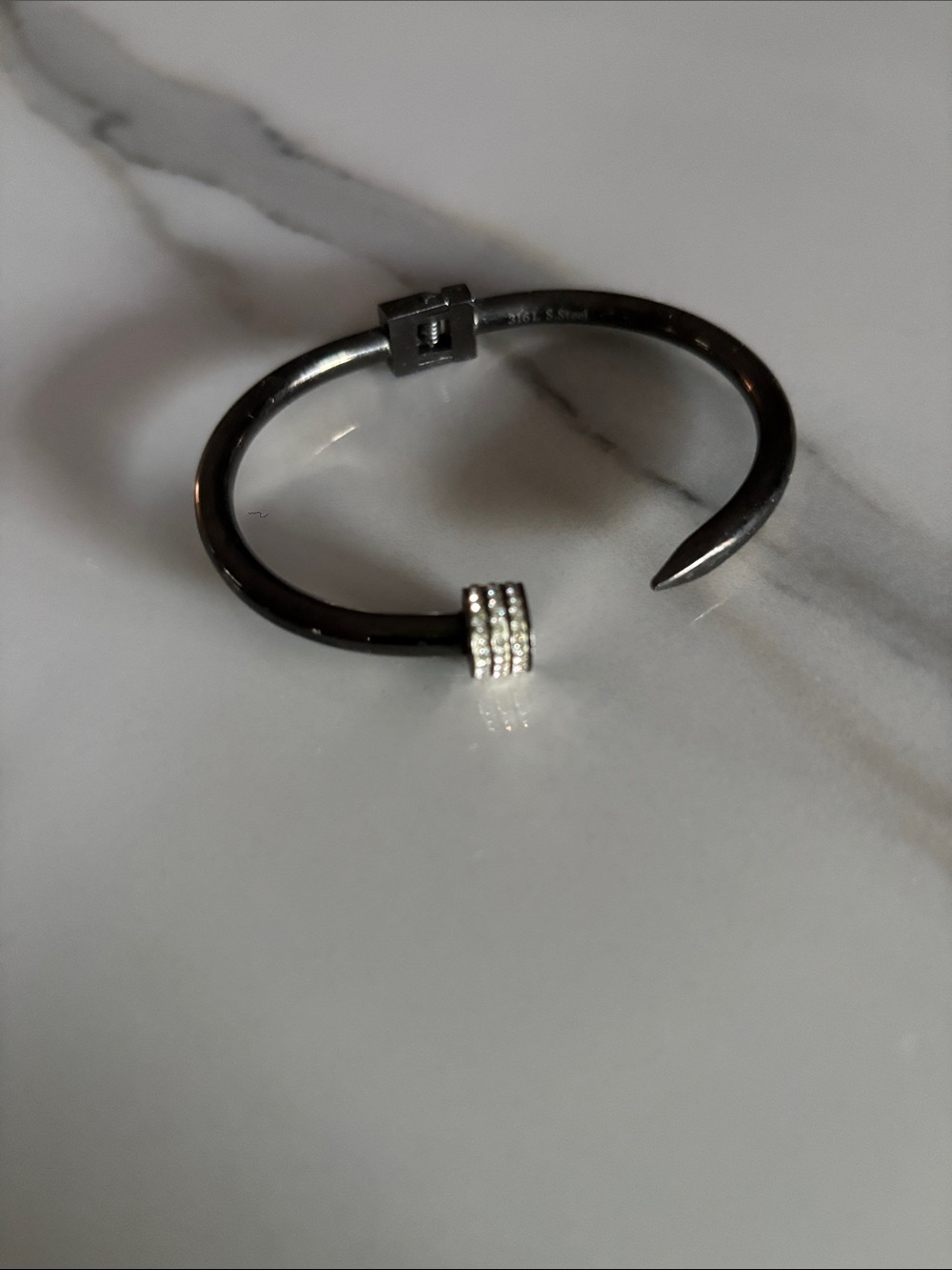 Black Stainless Nail Cuff Bracelet with Crystal Ring Accent